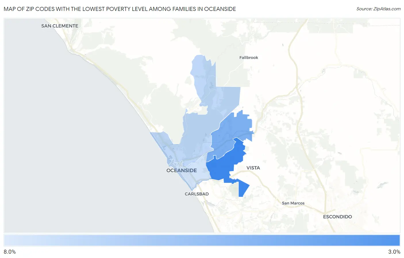 Zip Codes with the Lowest Poverty Level Among Families in Oceanside Map