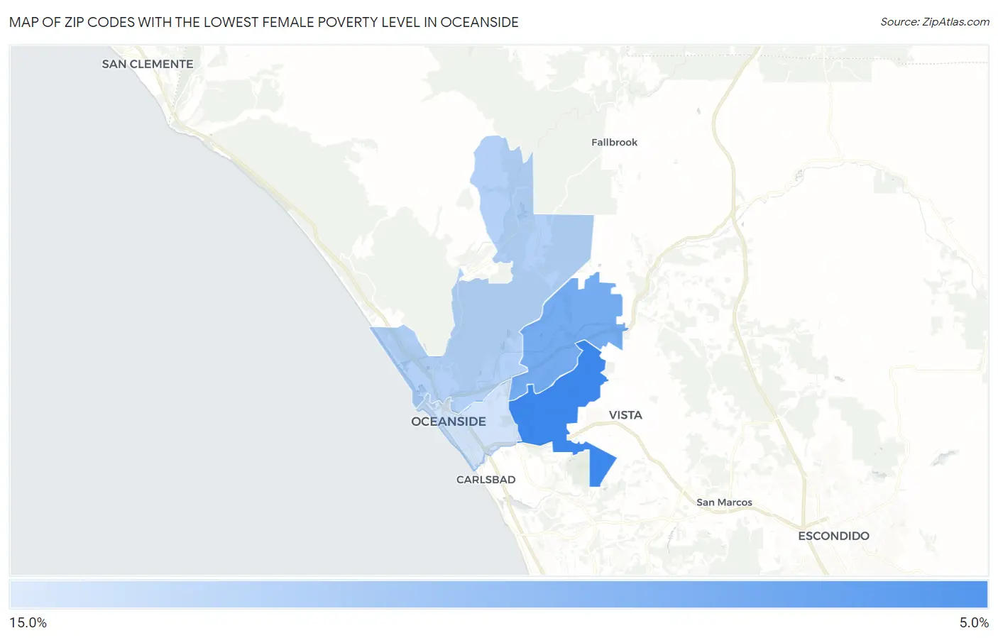 Zip Codes with the Lowest Female Poverty Level in Oceanside Map