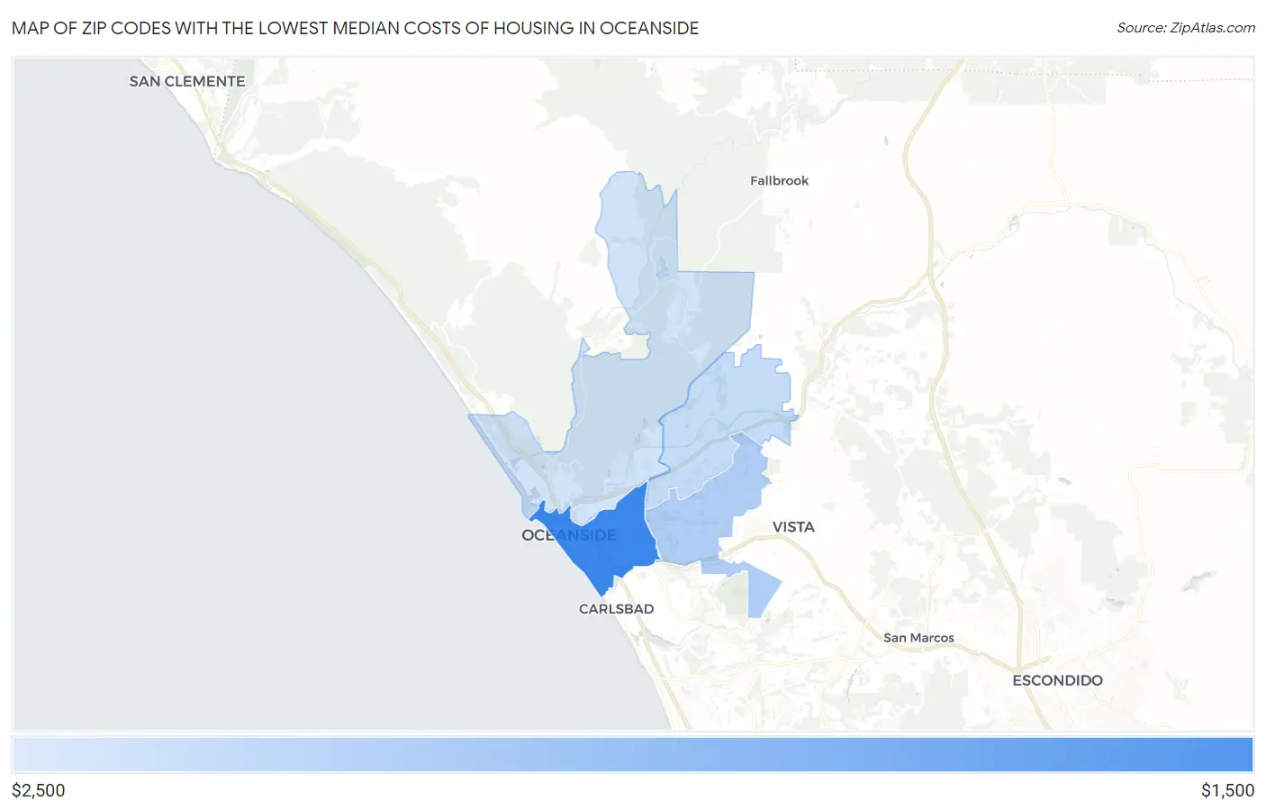 Zip Codes with the Lowest Median Costs of Housing in Oceanside Map
