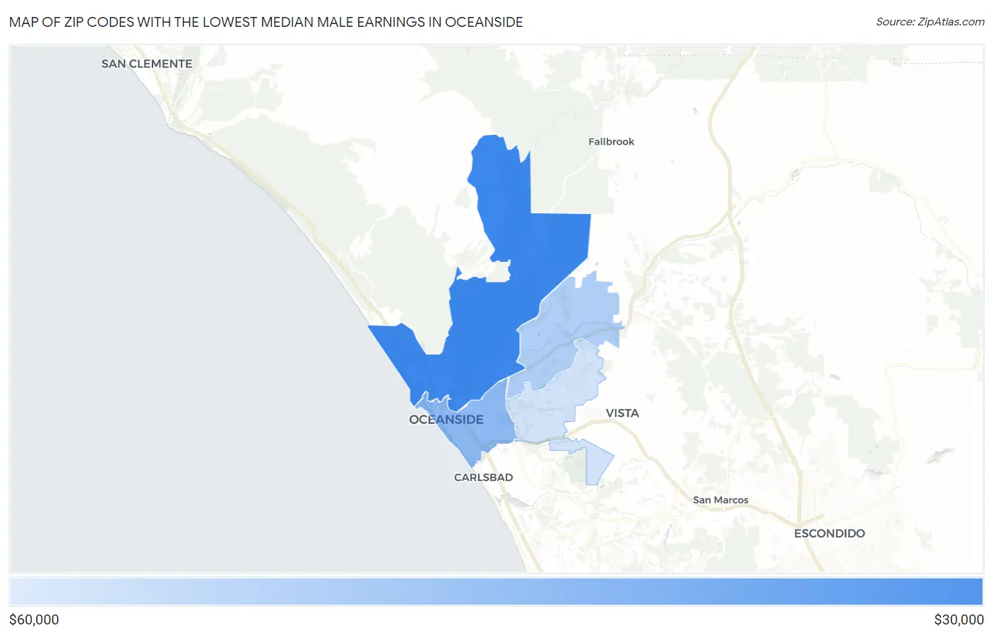 Zip Codes with the Lowest Median Male Earnings in Oceanside Map