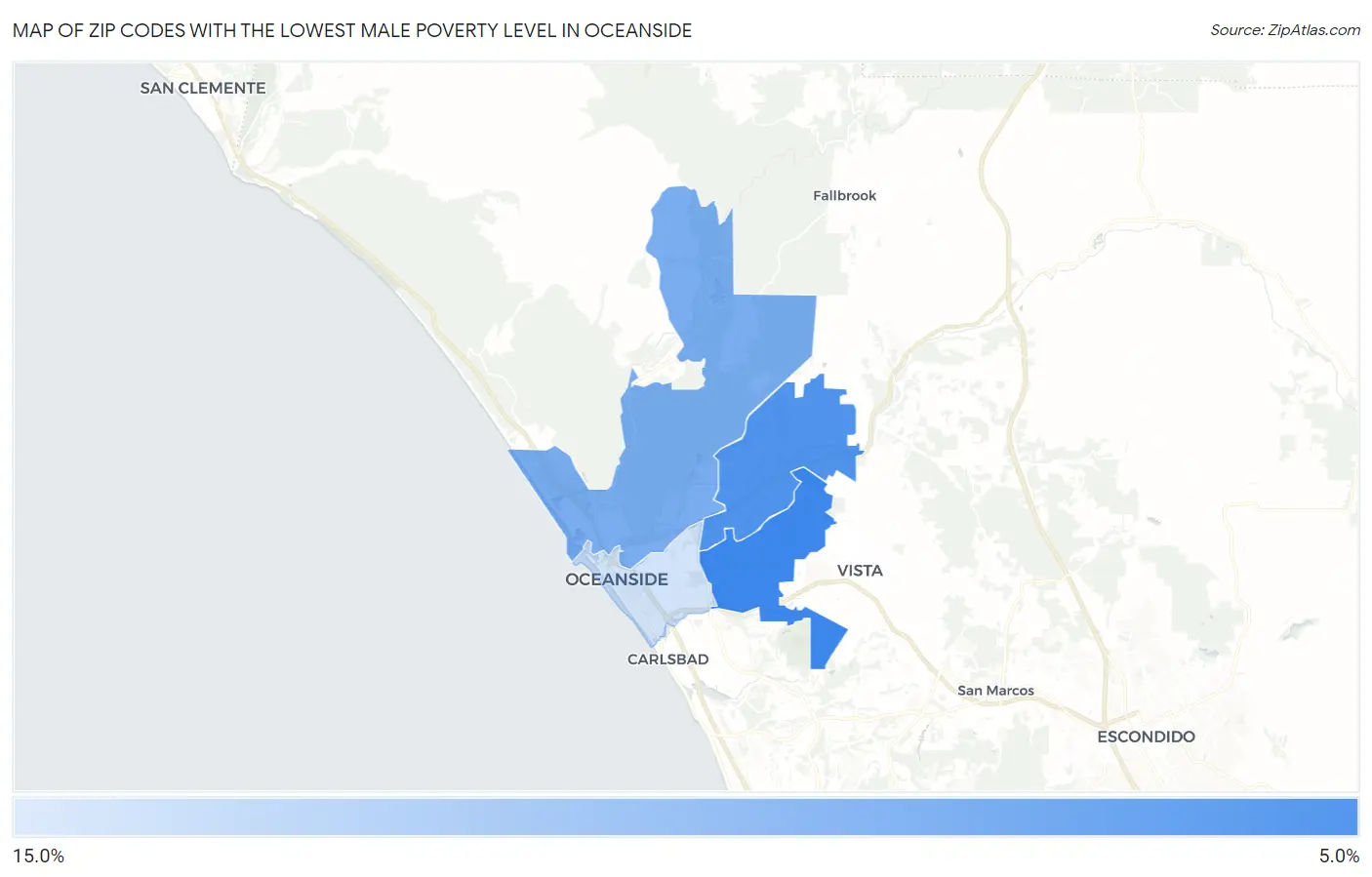 Zip Codes with the Lowest Male Poverty Level in Oceanside Map