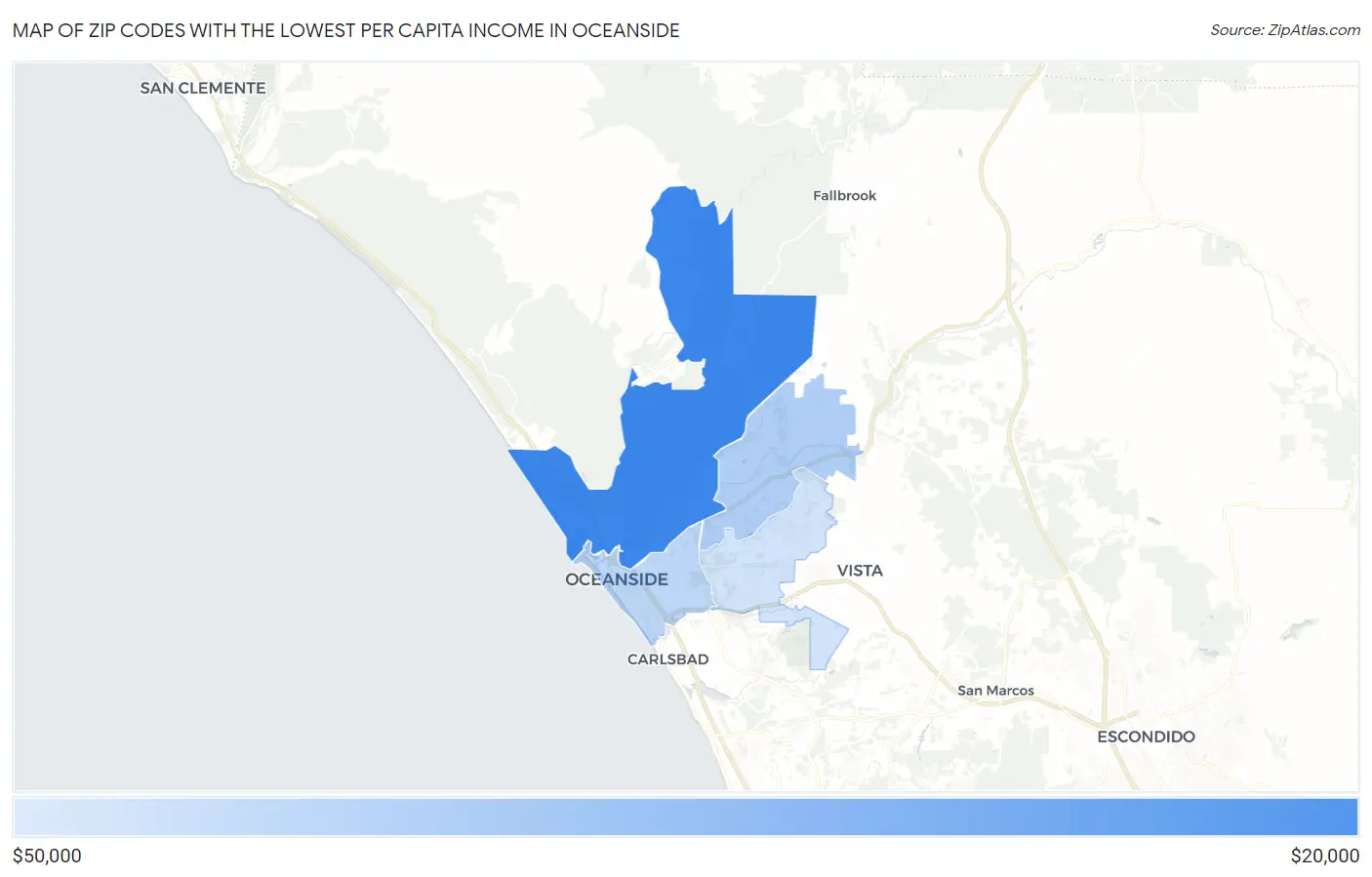 Zip Codes with the Lowest Per Capita Income in Oceanside Map