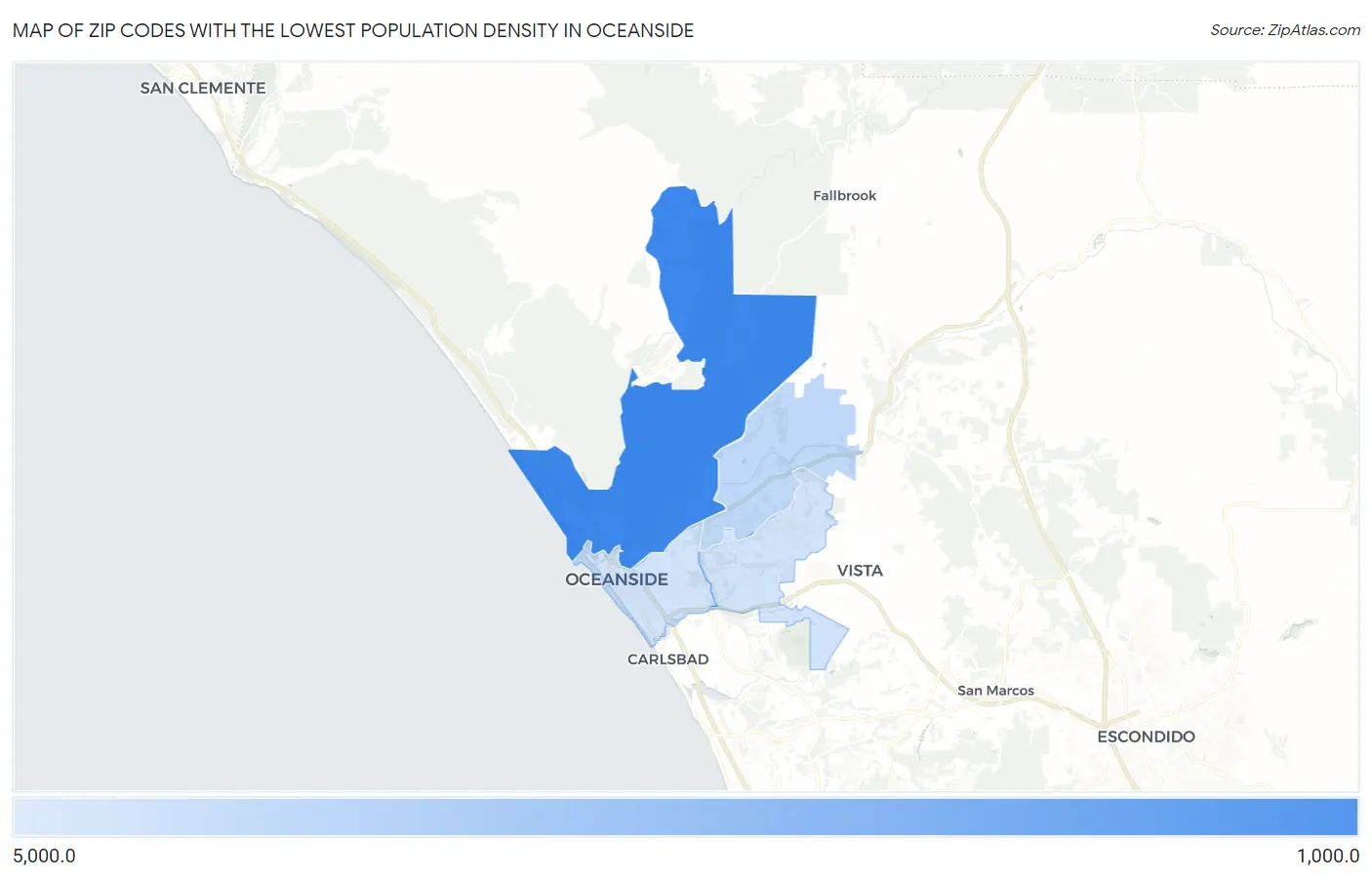 Zip Codes with the Lowest Population Density in Oceanside Map