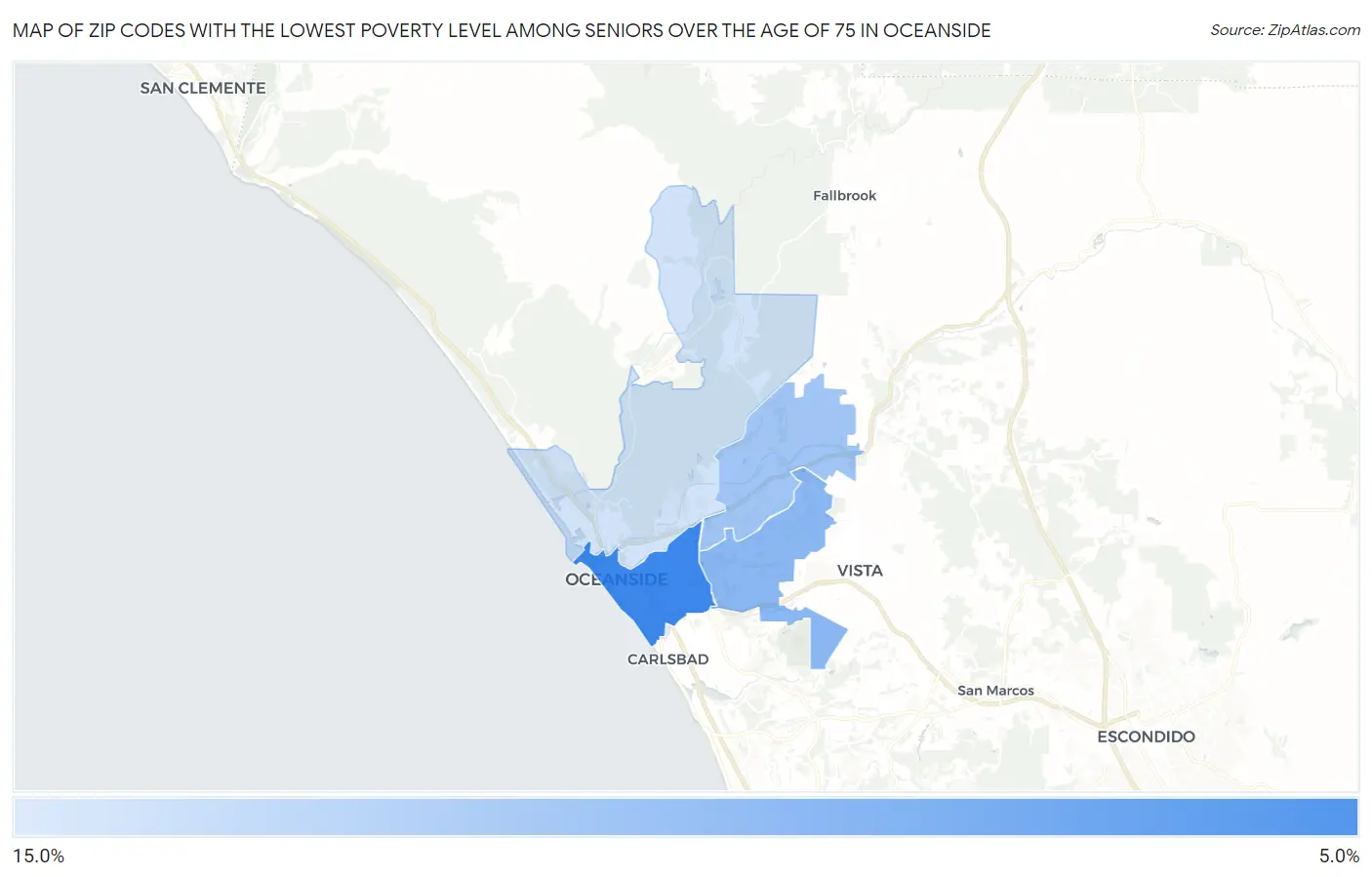 Zip Codes with the Lowest Poverty Level Among Seniors Over the Age of 75 in Oceanside Map