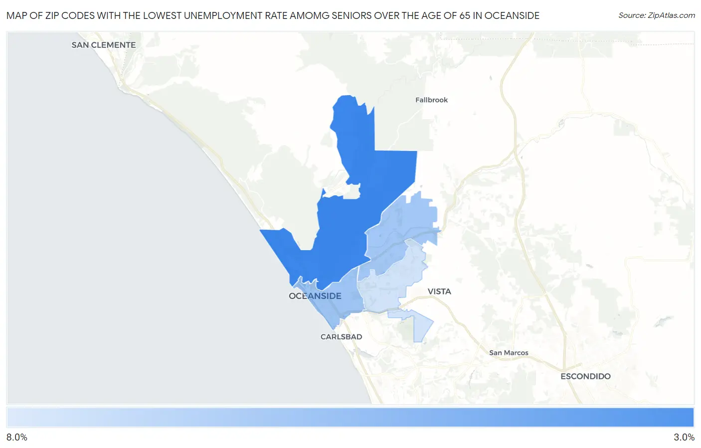 Zip Codes with the Lowest Unemployment Rate Amomg Seniors Over the Age of 65 in Oceanside Map