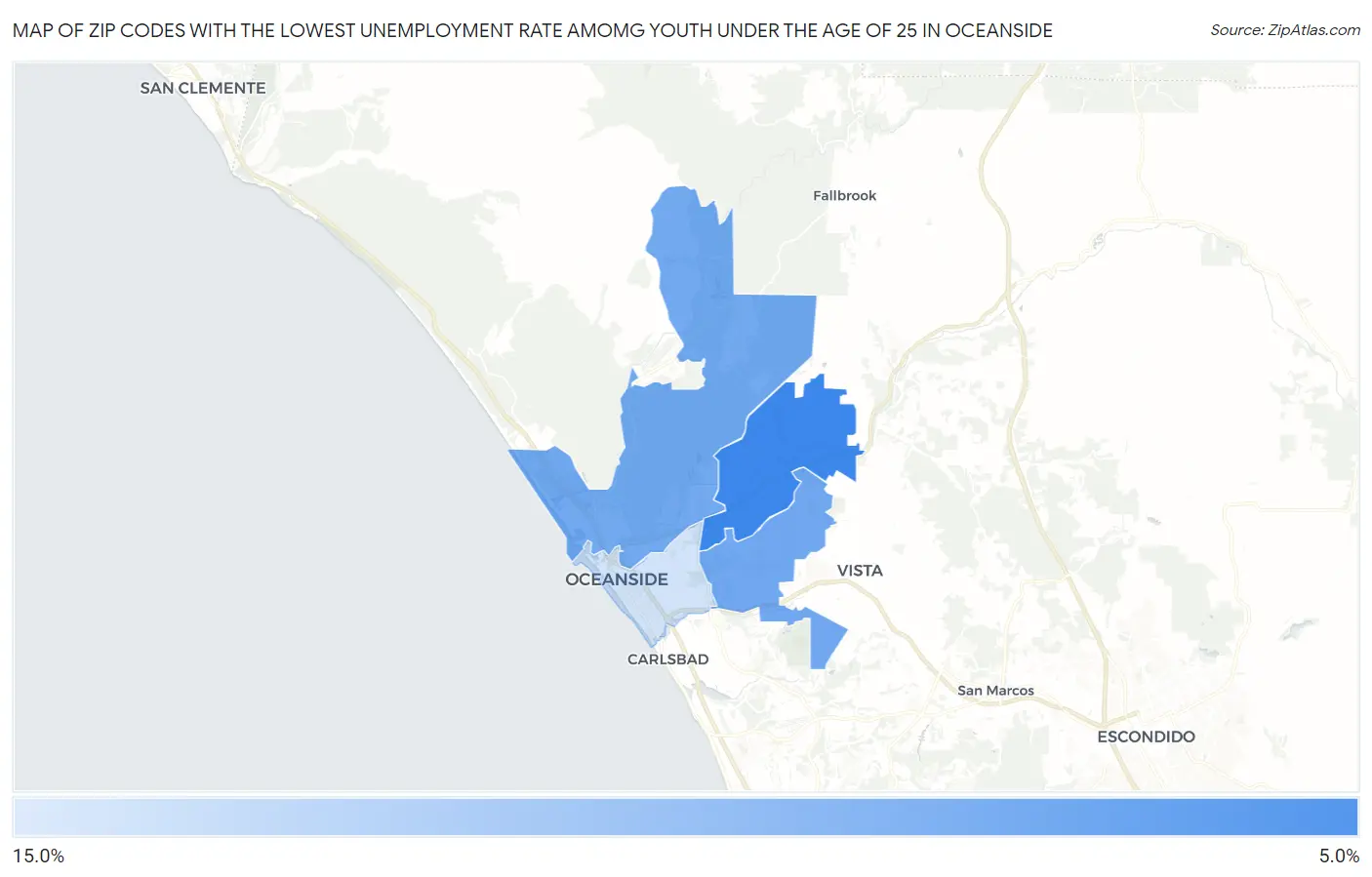 Zip Codes with the Lowest Unemployment Rate Amomg Youth Under the Age of 25 in Oceanside Map