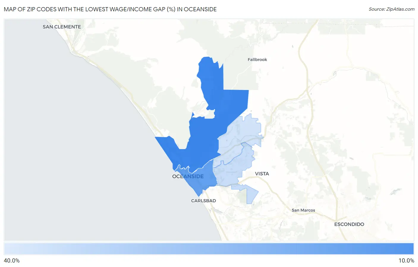 Zip Codes with the Lowest Wage/Income Gap (%) in Oceanside Map