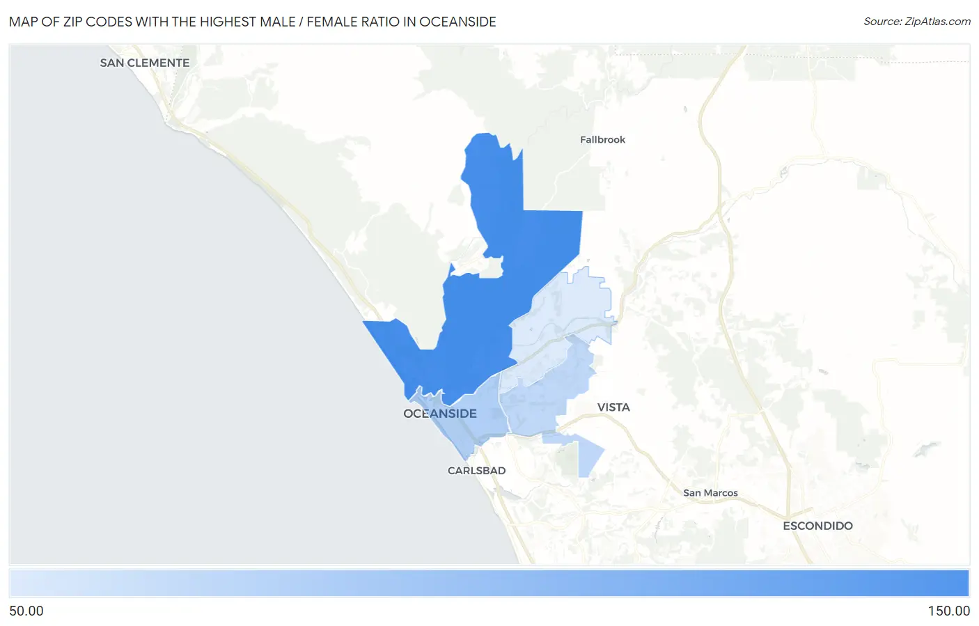 Zip Codes with the Highest Male / Female Ratio in Oceanside Map
