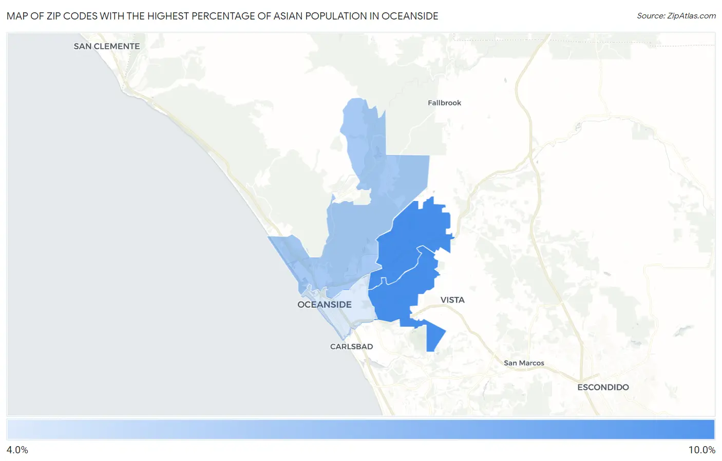 Zip Codes with the Highest Percentage of Asian Population in Oceanside Map