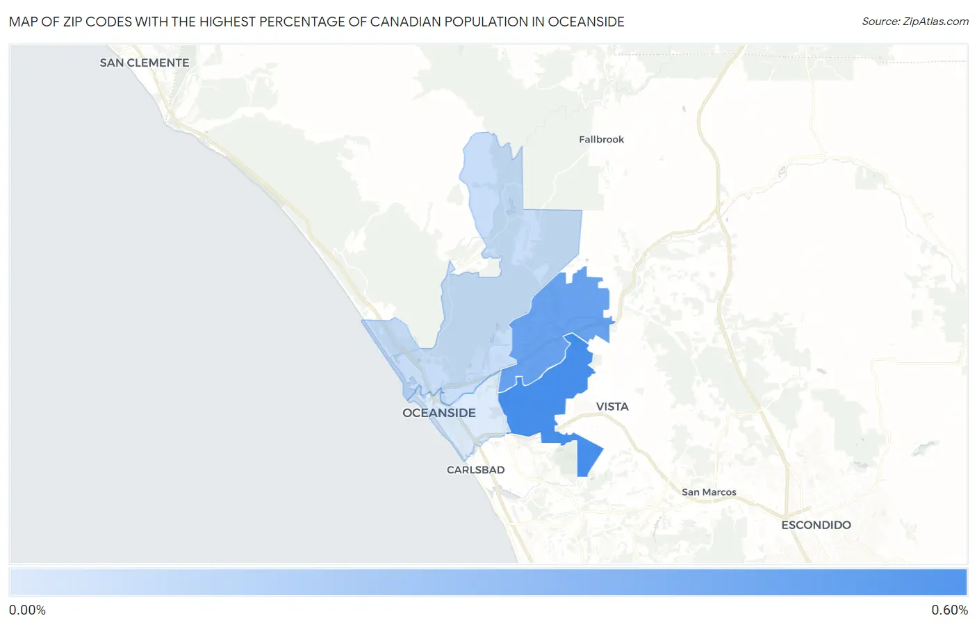 Zip Codes with the Highest Percentage of Canadian Population in Oceanside Map
