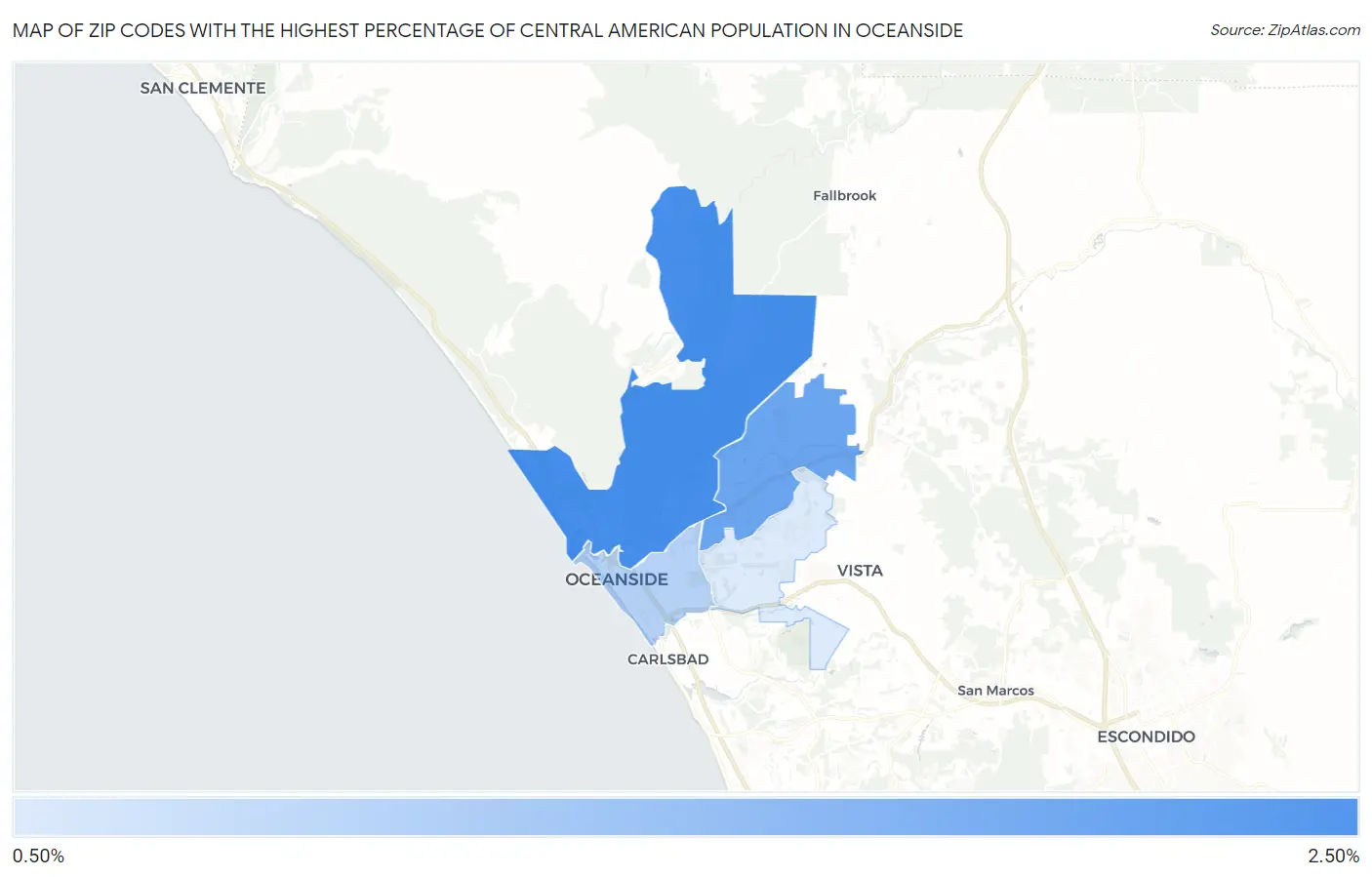 Zip Codes with the Highest Percentage of Central American Population in Oceanside Map