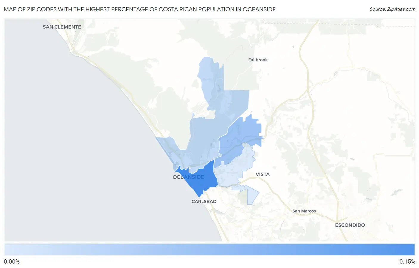 Zip Codes with the Highest Percentage of Costa Rican Population in Oceanside Map