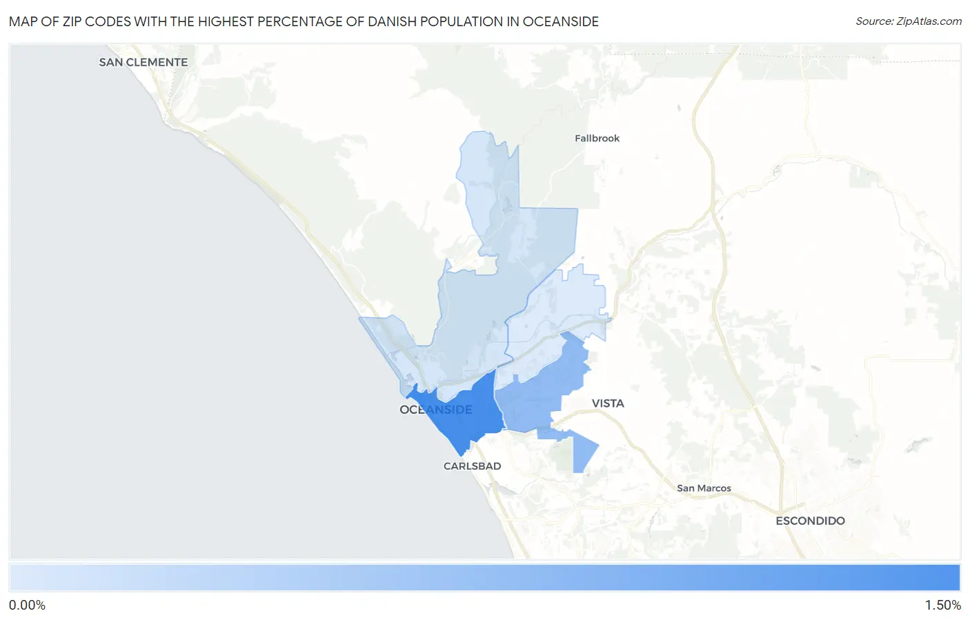 Zip Codes with the Highest Percentage of Danish Population in Oceanside Map