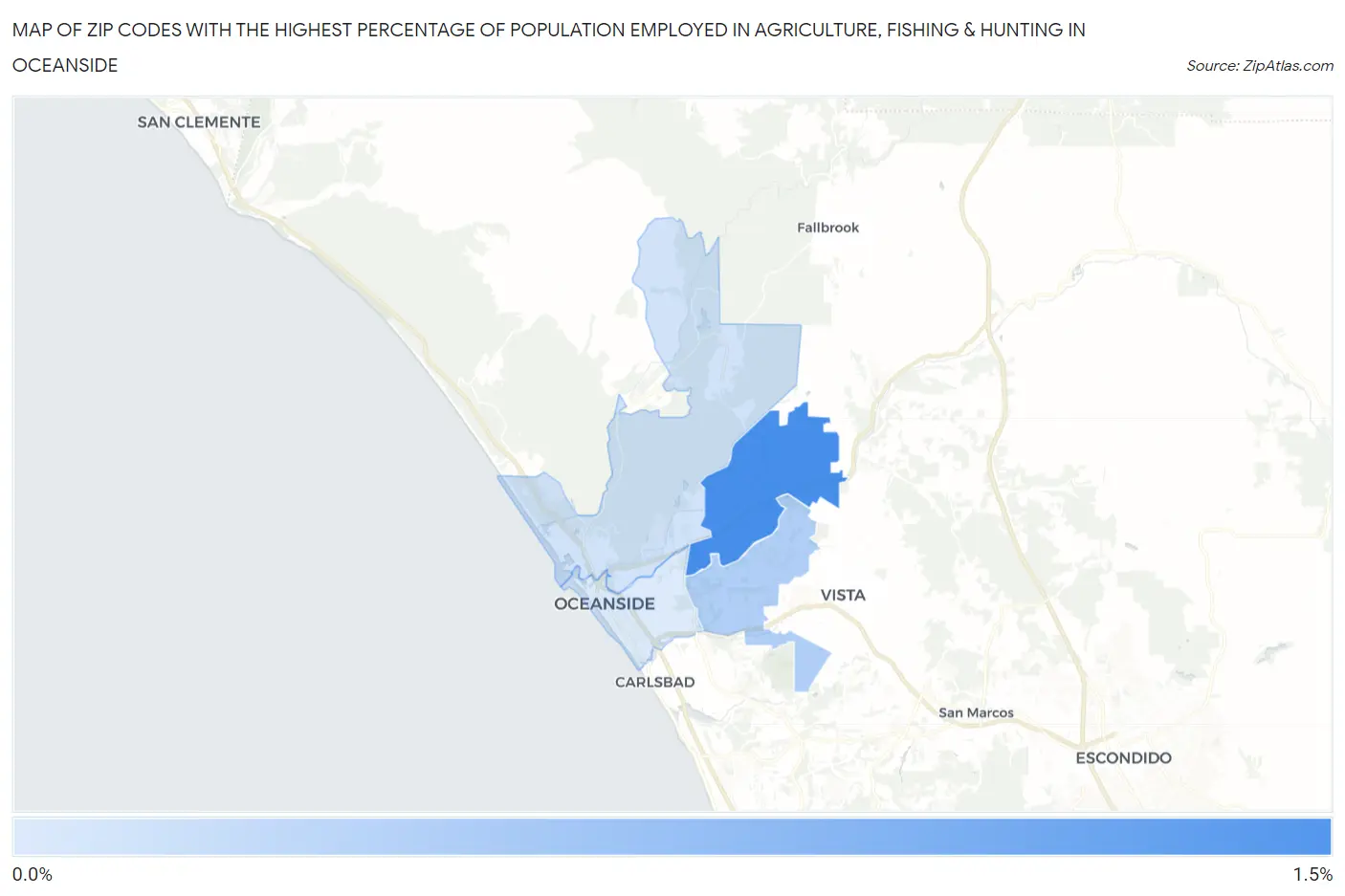 Zip Codes with the Highest Percentage of Population Employed in Agriculture, Fishing & Hunting in Oceanside Map