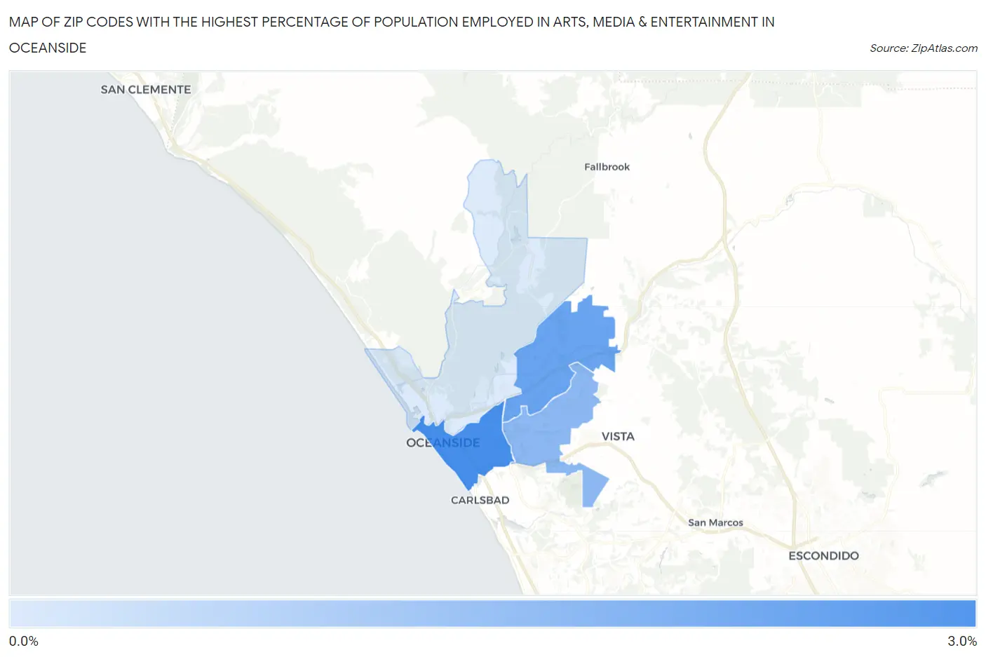 Zip Codes with the Highest Percentage of Population Employed in Arts, Media & Entertainment in Oceanside Map