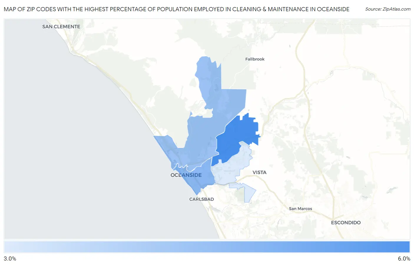 Zip Codes with the Highest Percentage of Population Employed in Cleaning & Maintenance in Oceanside Map