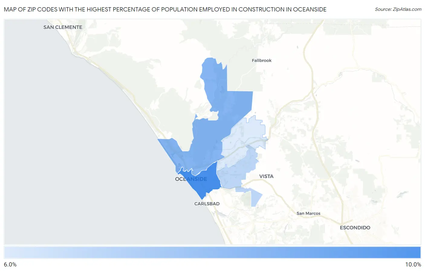Zip Codes with the Highest Percentage of Population Employed in Construction in Oceanside Map