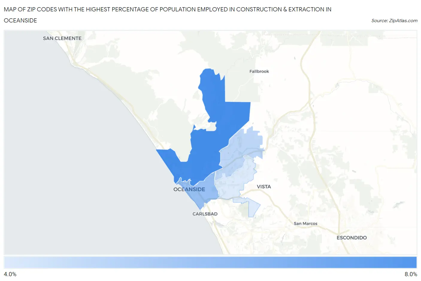 Zip Codes with the Highest Percentage of Population Employed in Construction & Extraction in Oceanside Map