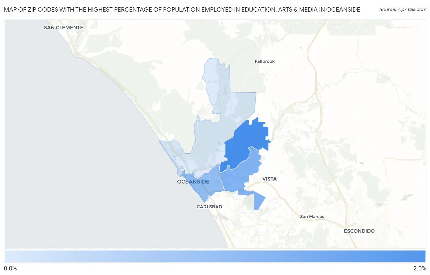 Zip Codes with the Highest Percentage of Population Employed in Education, Arts & Media in Oceanside Map