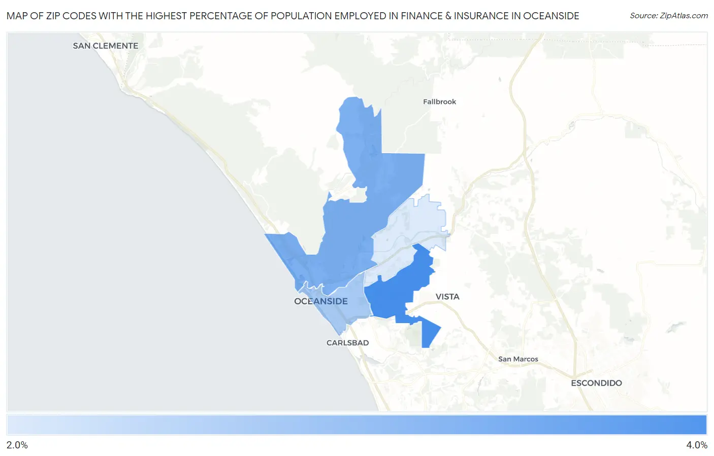 Zip Codes with the Highest Percentage of Population Employed in Finance & Insurance in Oceanside Map