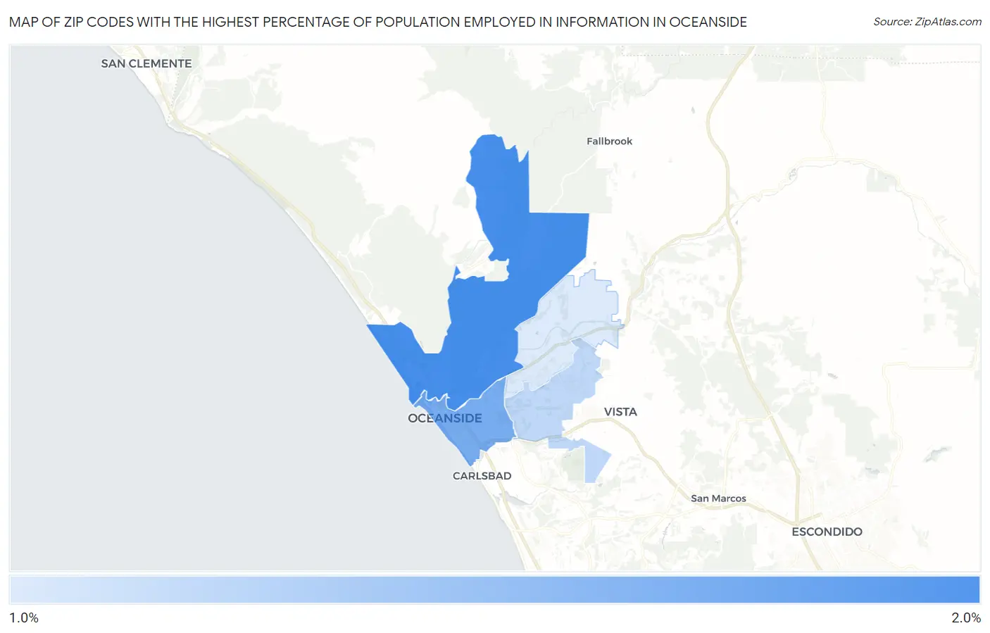 Zip Codes with the Highest Percentage of Population Employed in Information in Oceanside Map