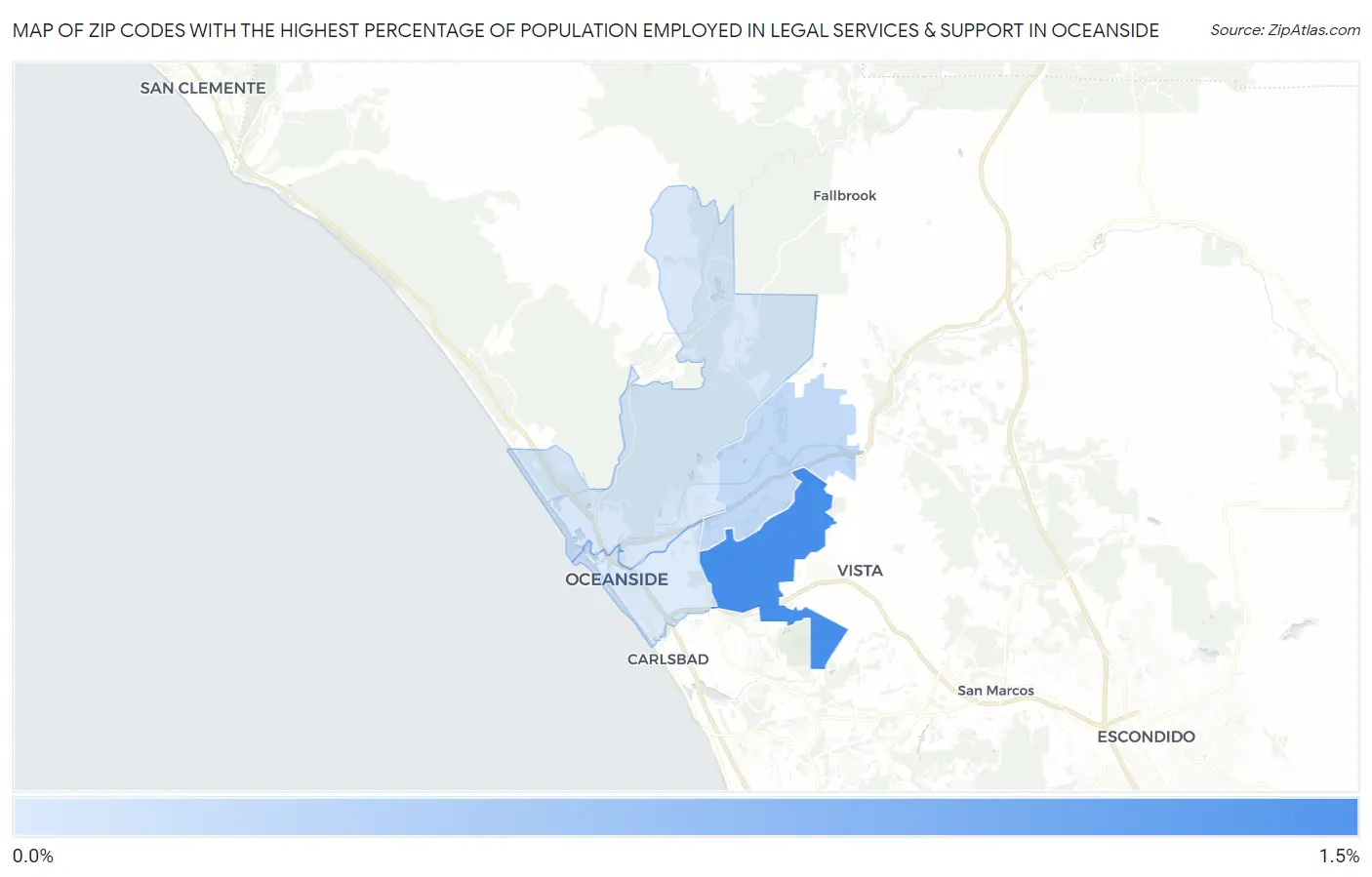 Zip Codes with the Highest Percentage of Population Employed in Legal Services & Support in Oceanside Map