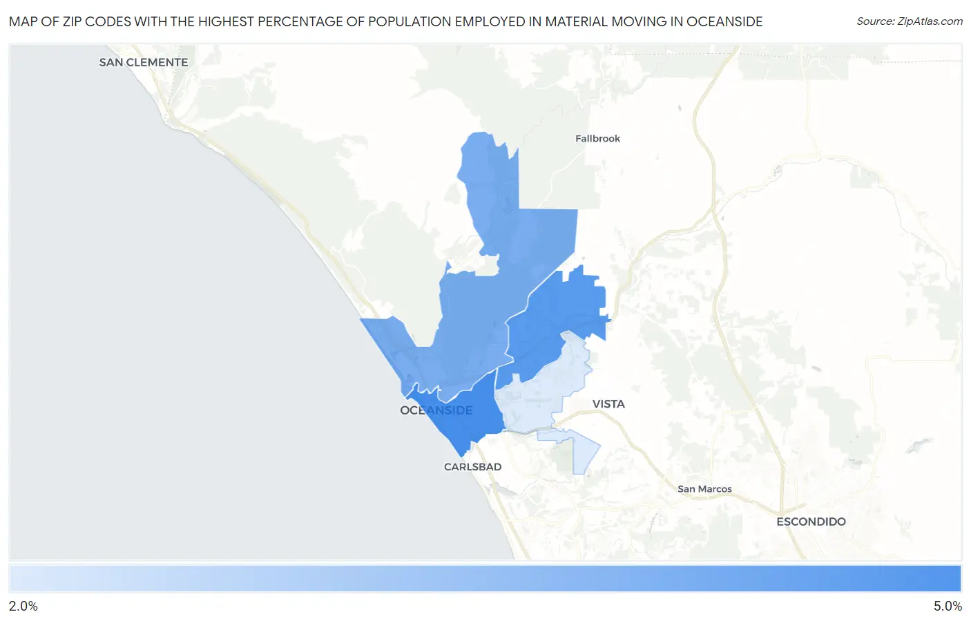 Zip Codes with the Highest Percentage of Population Employed in Material Moving in Oceanside Map