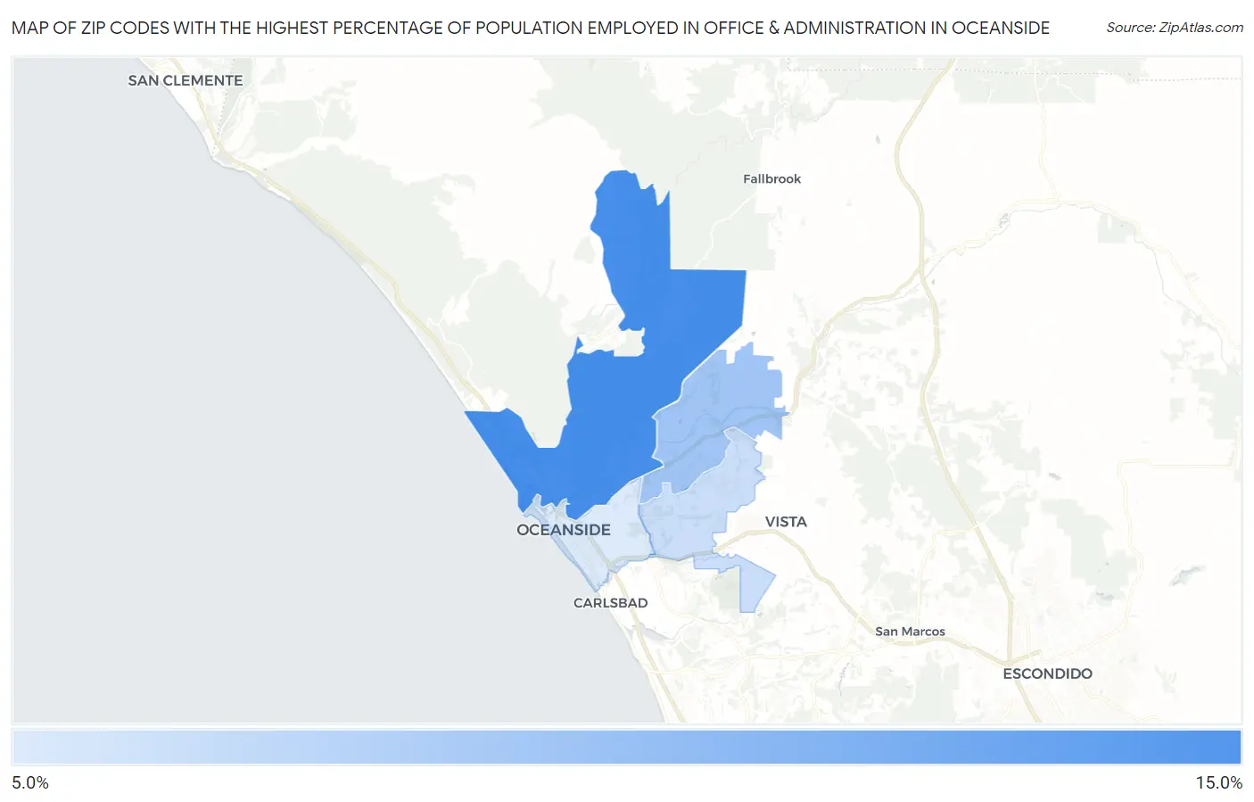 Zip Codes with the Highest Percentage of Population Employed in Office & Administration in Oceanside Map