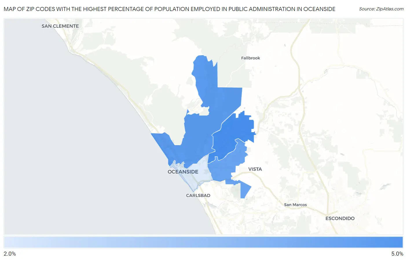 Zip Codes with the Highest Percentage of Population Employed in Public Administration in Oceanside Map