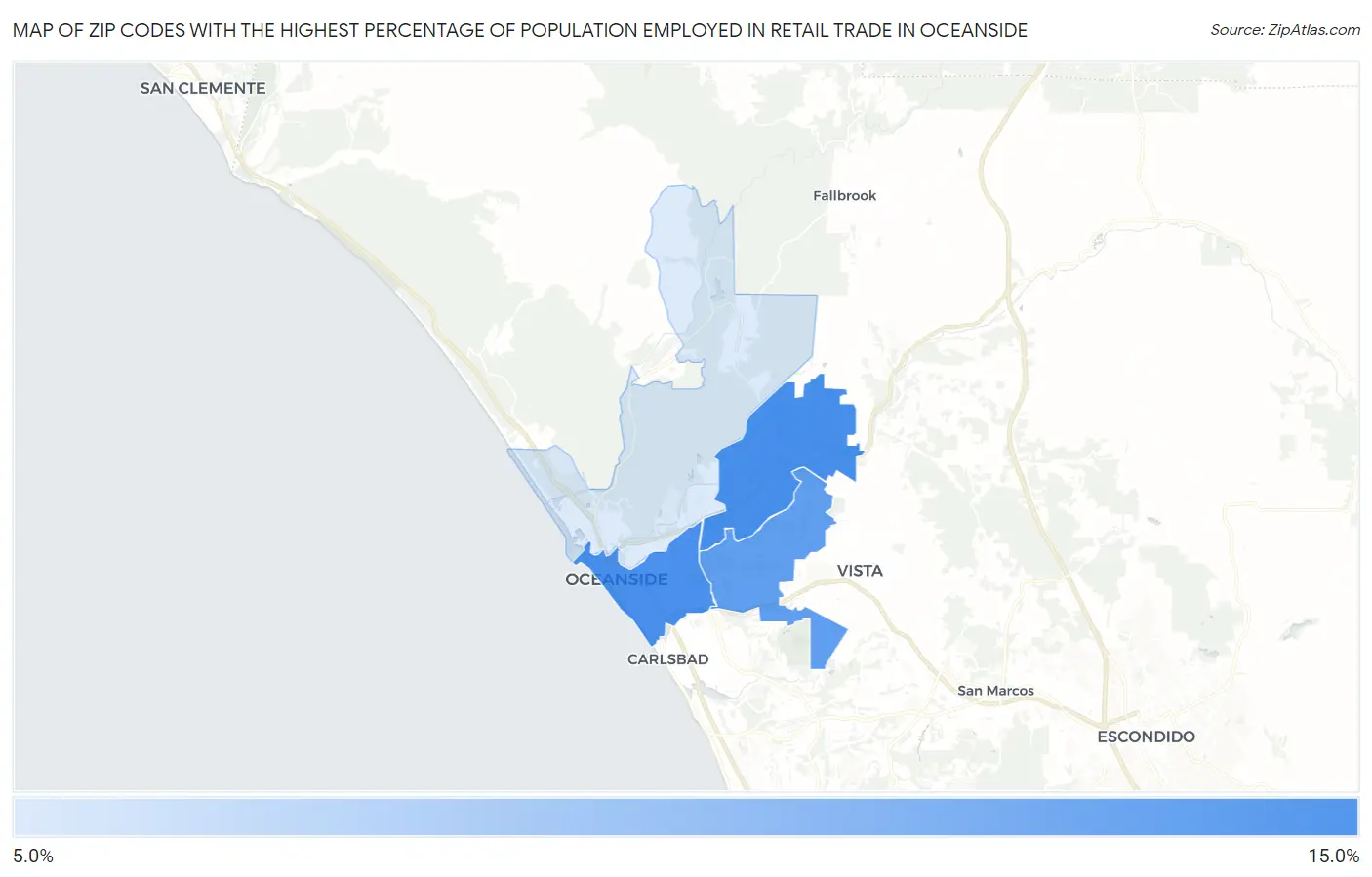 Zip Codes with the Highest Percentage of Population Employed in Retail Trade in Oceanside Map