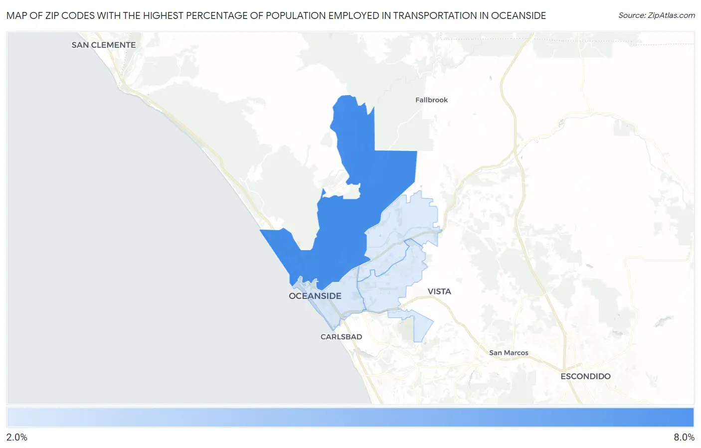 Zip Codes with the Highest Percentage of Population Employed in Transportation in Oceanside Map