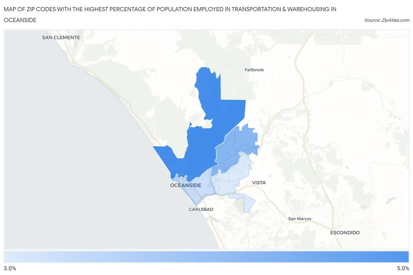 Zip Codes with the Highest Percentage of Population Employed in Transportation & Warehousing in Oceanside Map