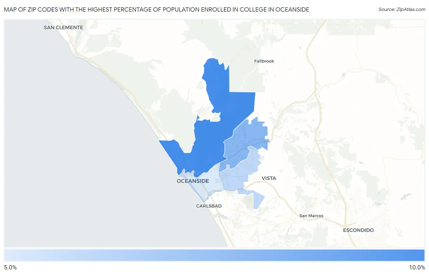 Zip Codes with the Highest Percentage of Population Enrolled in College in Oceanside Map
