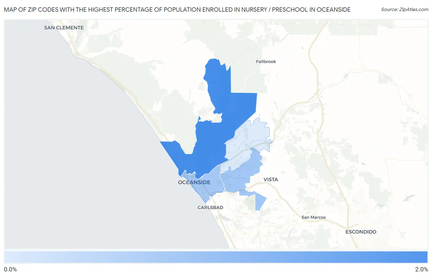 Zip Codes with the Highest Percentage of Population Enrolled in Nursery / Preschool in Oceanside Map