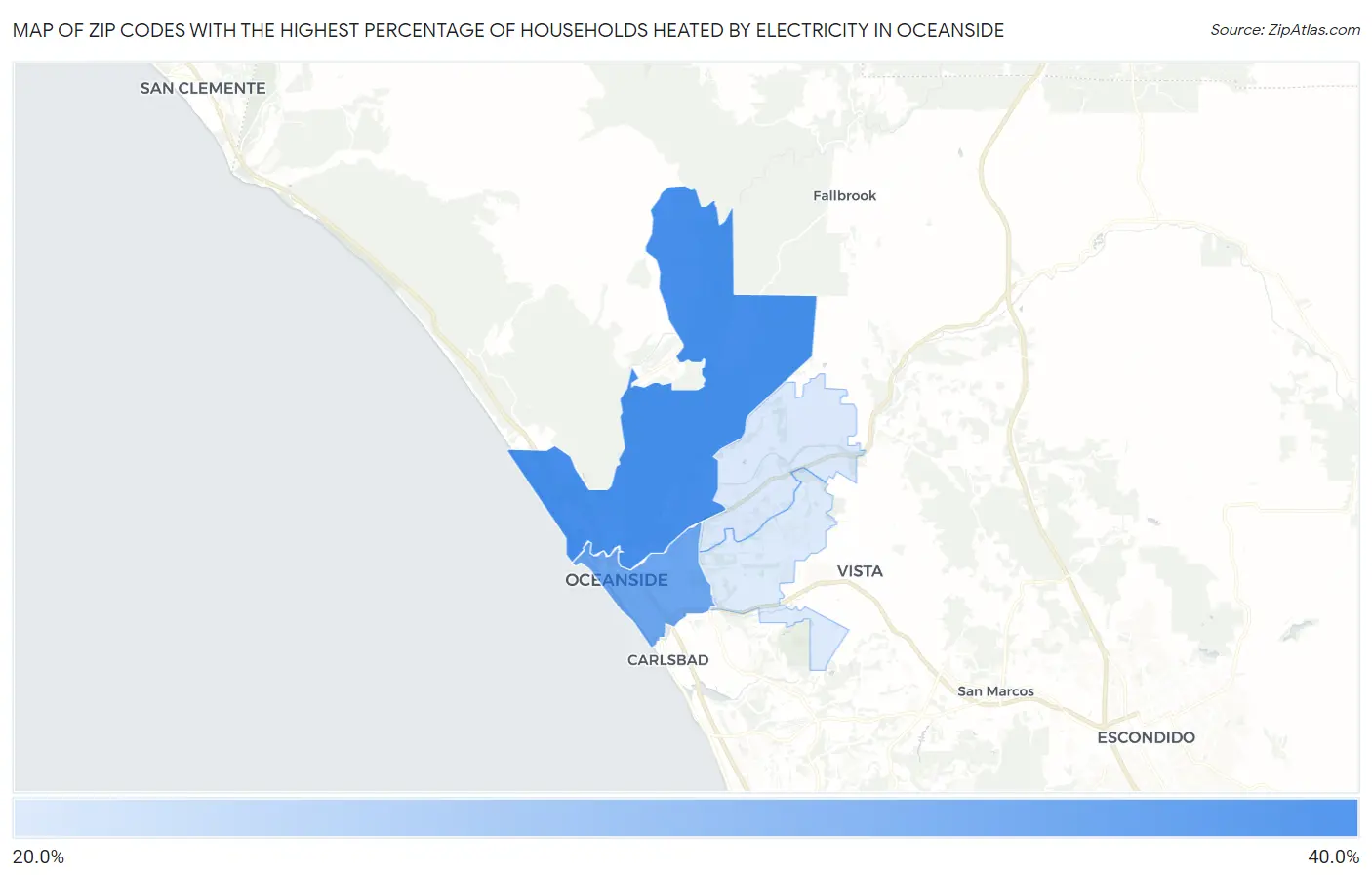 Zip Codes with the Highest Percentage of Households Heated by Electricity in Oceanside Map