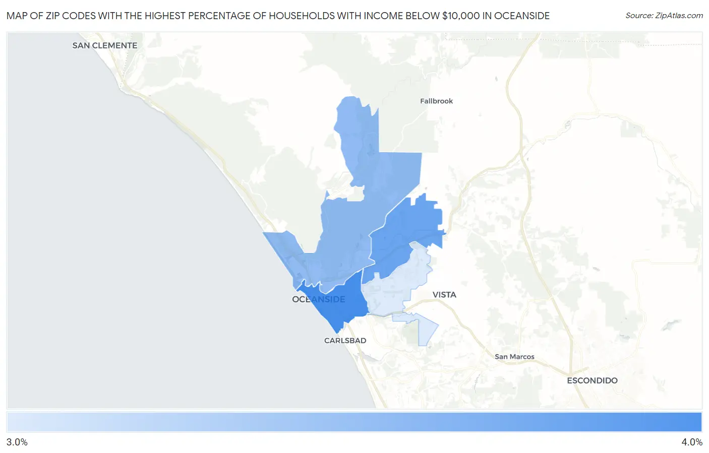 Zip Codes with the Highest Percentage of Households with Income Below $10,000 in Oceanside Map