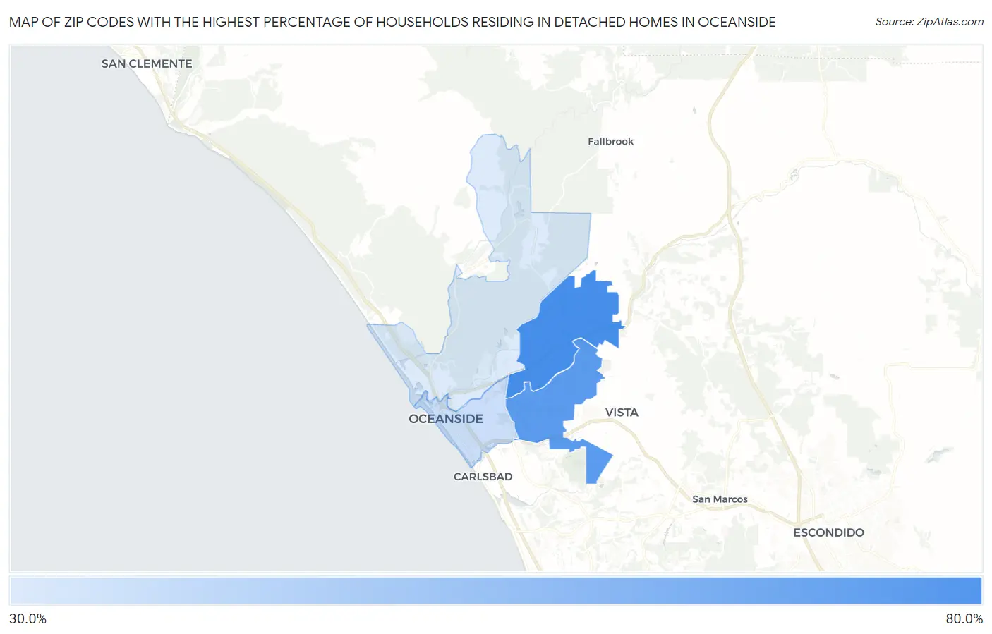 Zip Codes with the Highest Percentage of Households Residing in Detached Homes in Oceanside Map