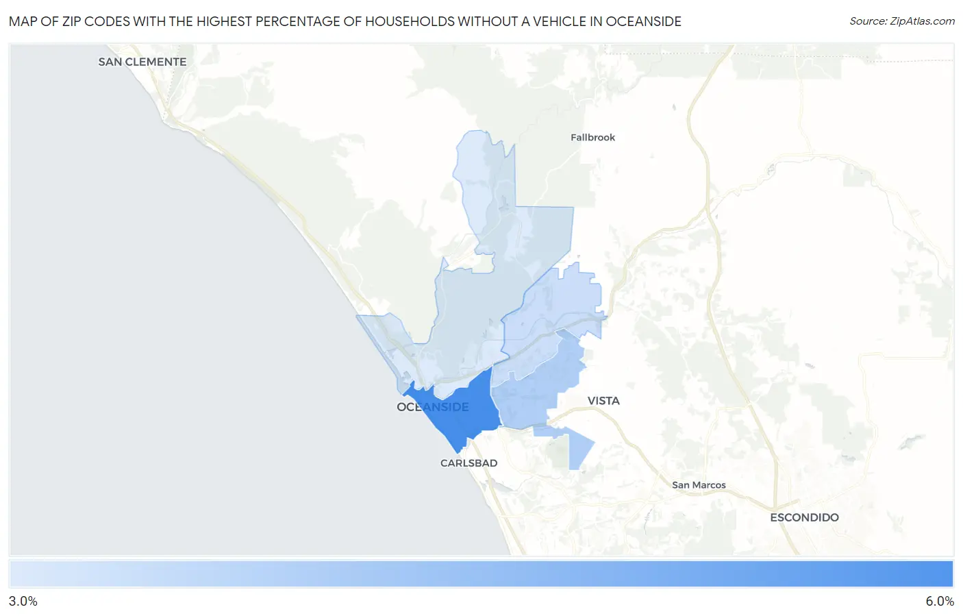 Zip Codes with the Highest Percentage of Households Without a Vehicle in Oceanside Map