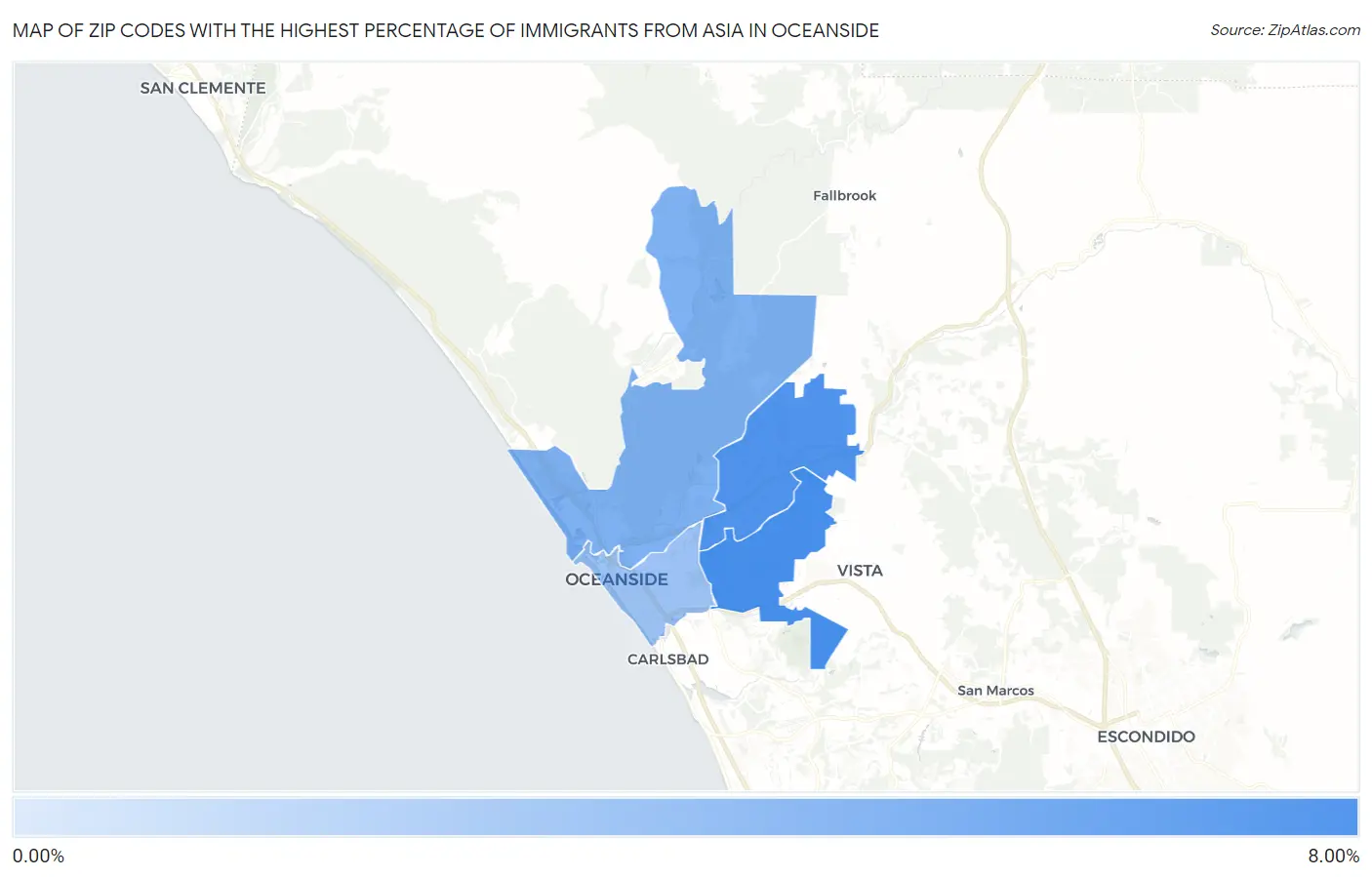 Zip Codes with the Highest Percentage of Immigrants from Asia in Oceanside Map
