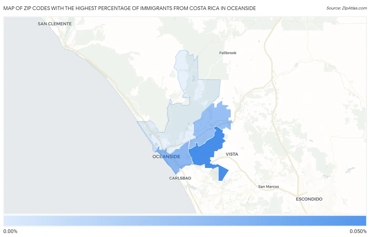 Zip Codes with the Highest Percentage of Immigrants from Costa Rica in Oceanside Map