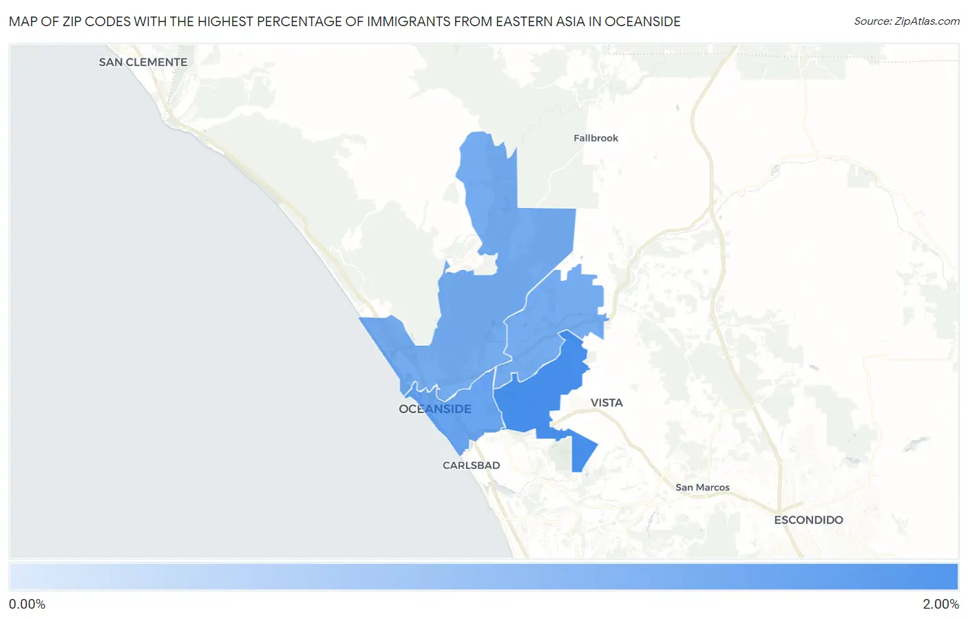 Zip Codes with the Highest Percentage of Immigrants from Eastern Asia in Oceanside Map