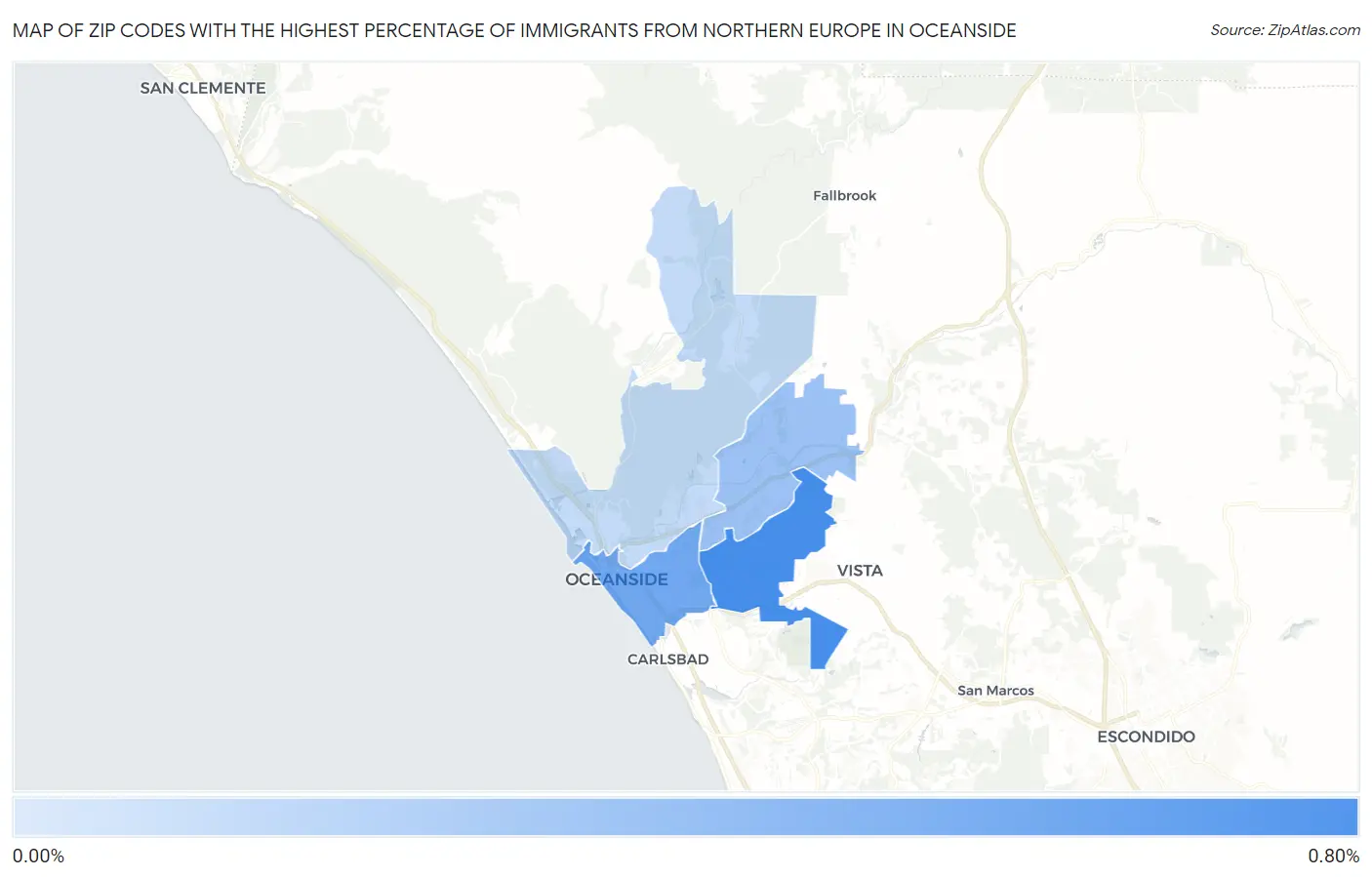 Zip Codes with the Highest Percentage of Immigrants from Northern Europe in Oceanside Map