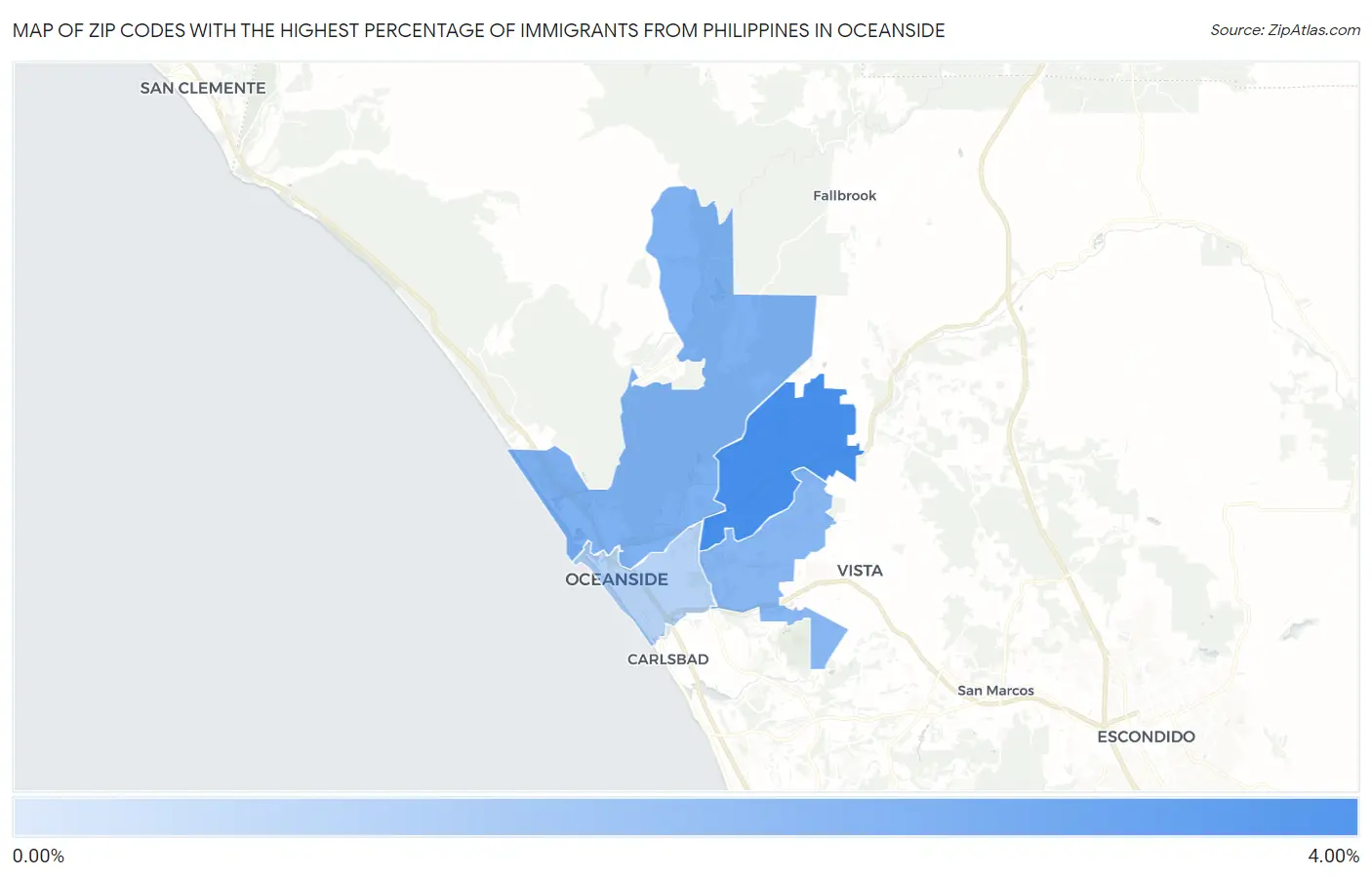 Zip Codes with the Highest Percentage of Immigrants from Philippines in Oceanside Map