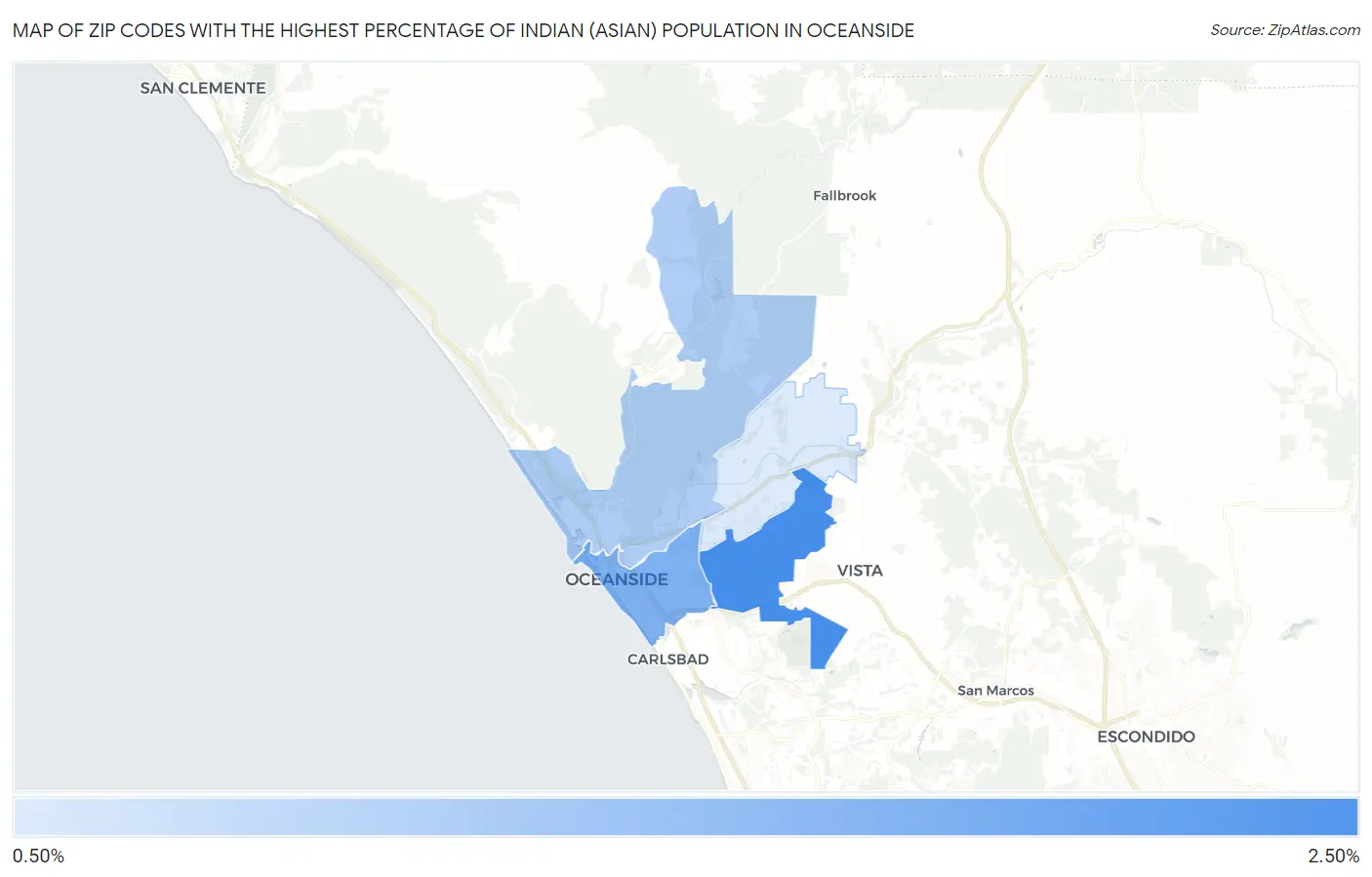 Zip Codes with the Highest Percentage of Indian (Asian) Population in Oceanside Map