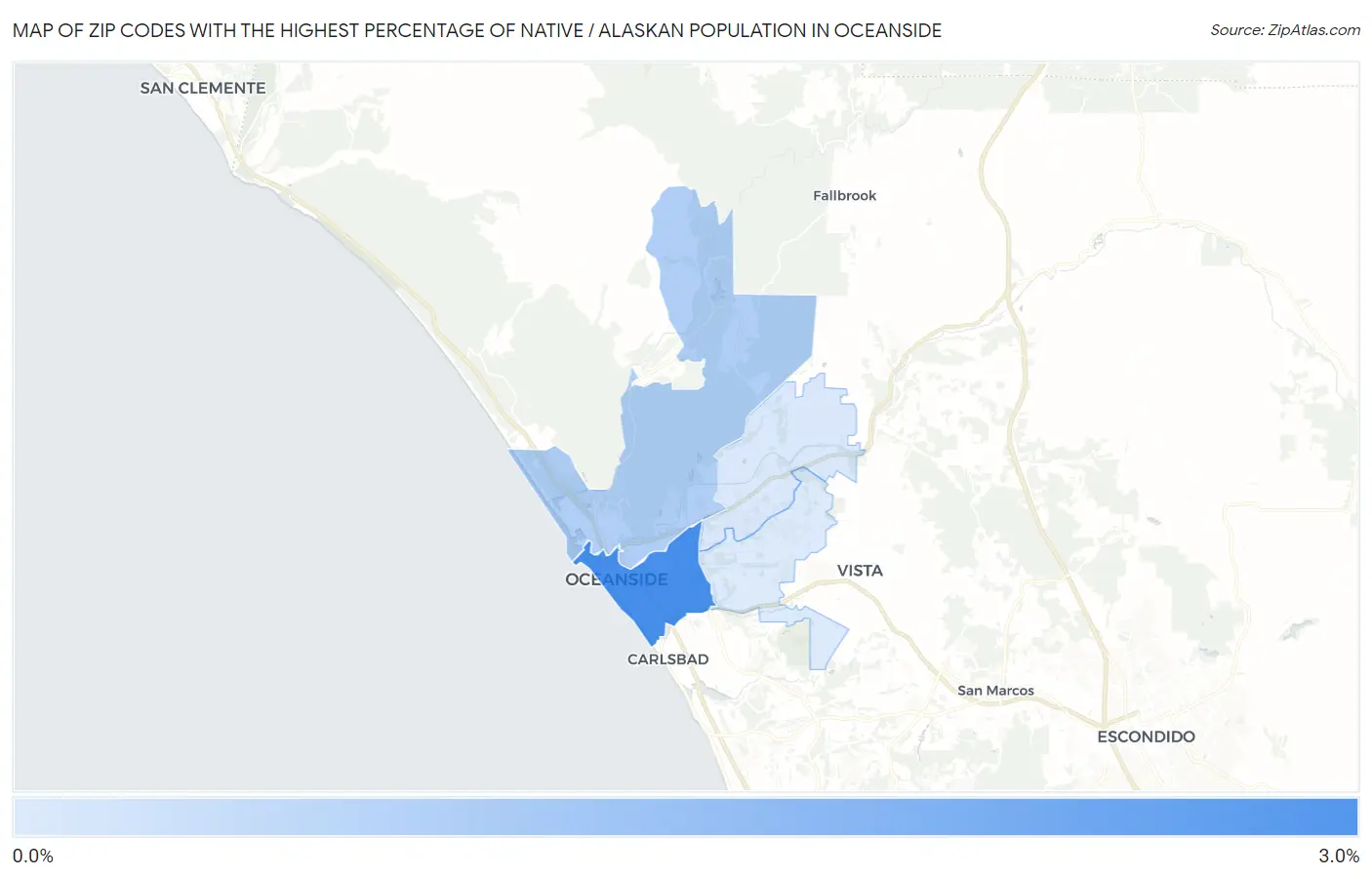 Zip Codes with the Highest Percentage of Native / Alaskan Population in Oceanside Map