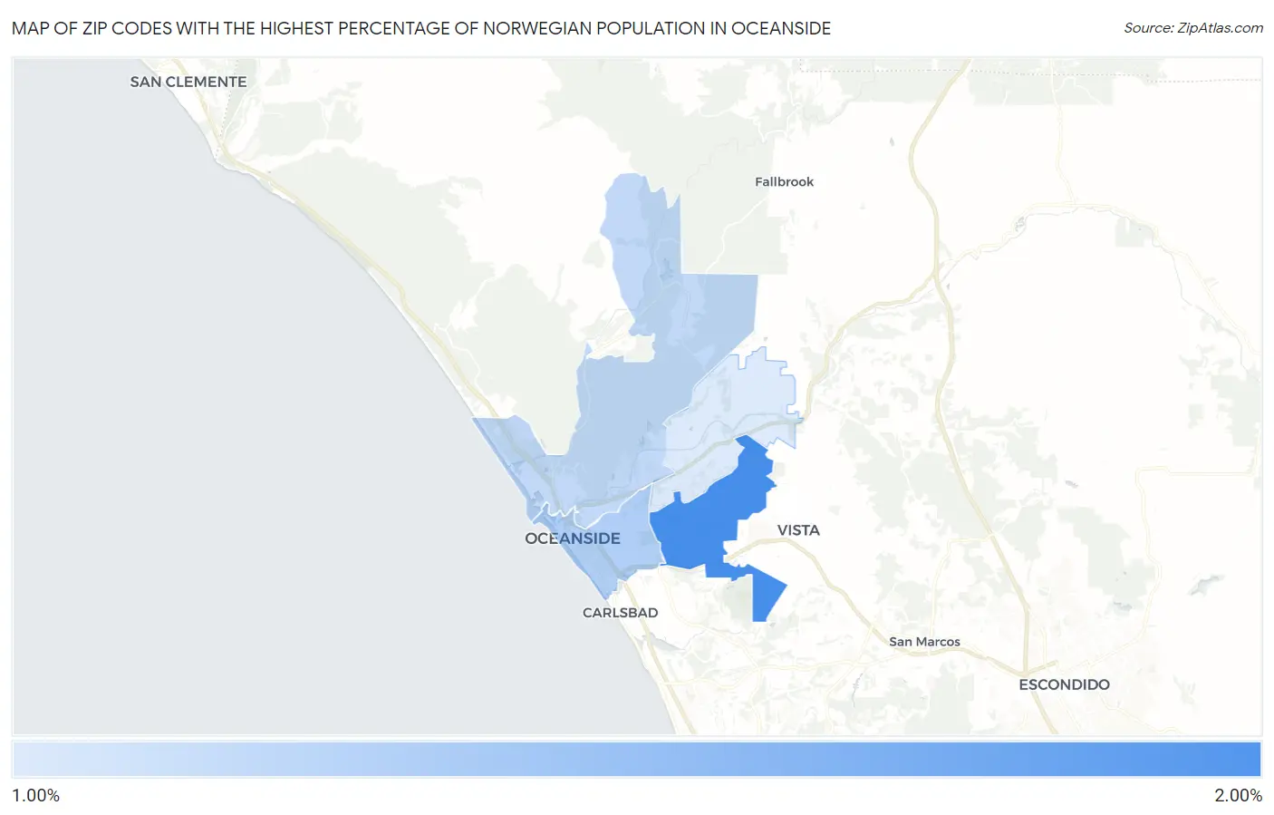Zip Codes with the Highest Percentage of Norwegian Population in Oceanside Map