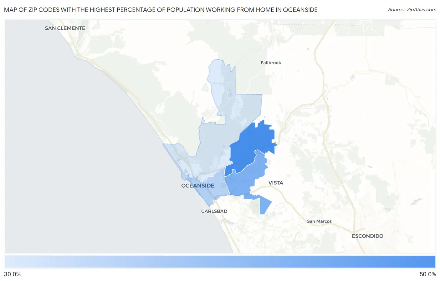 Zip Codes with the Highest Percentage of Population Working from Home in Oceanside Map