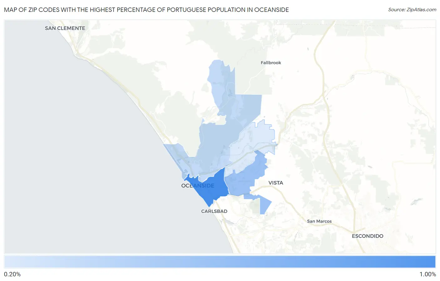 Zip Codes with the Highest Percentage of Portuguese Population in Oceanside Map