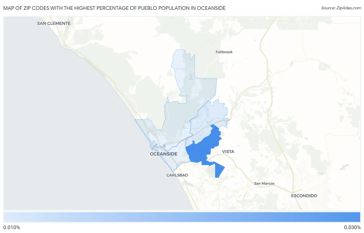 Zip Codes with the Highest Percentage of Pueblo Population in Oceanside Map