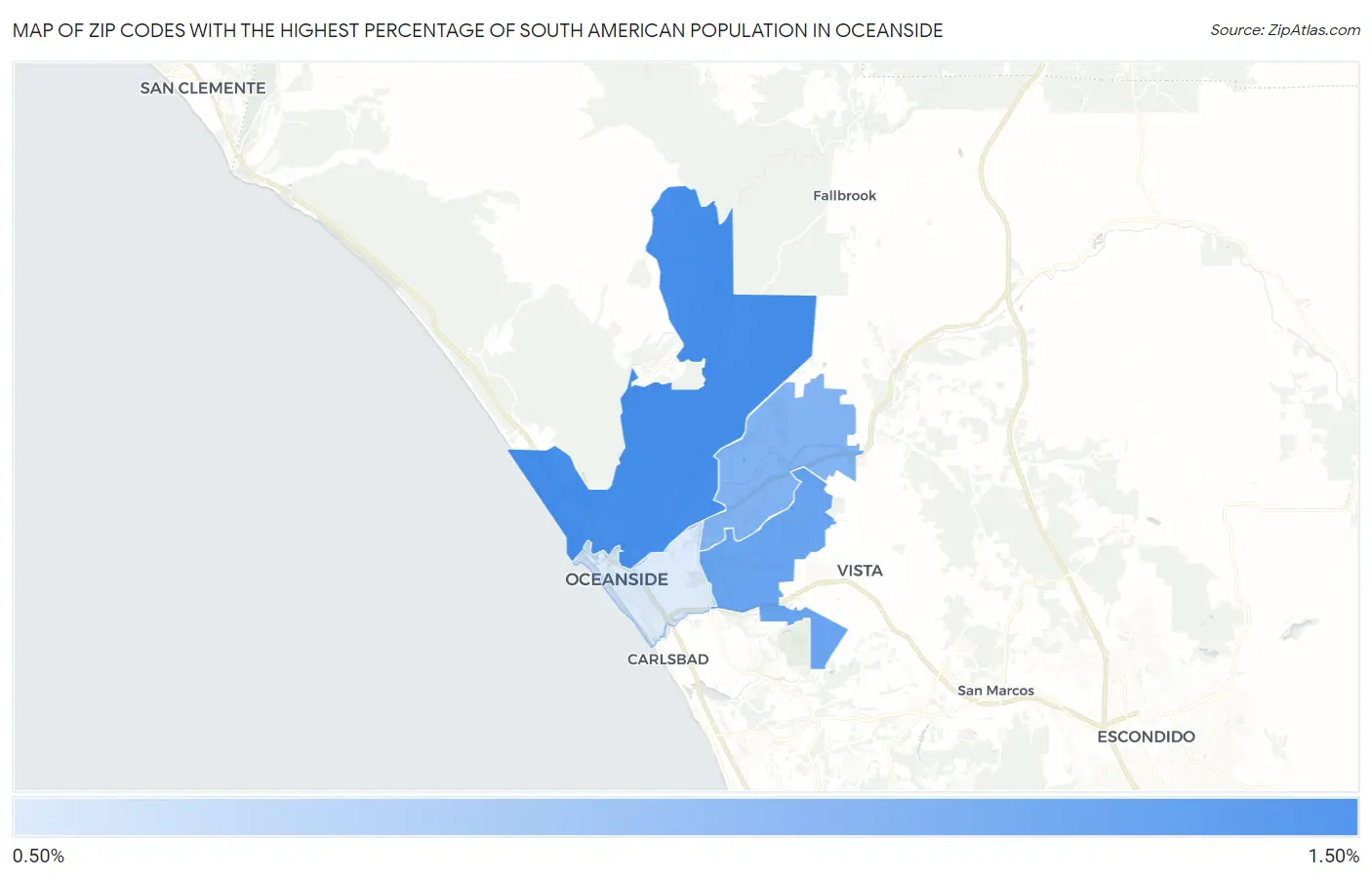 Zip Codes with the Highest Percentage of South American Population in Oceanside Map